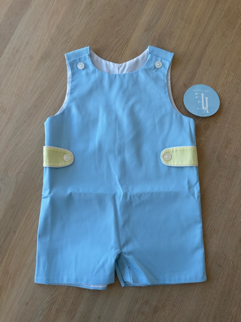 Little English Light Blue Shortall with Yellow Tab Accent